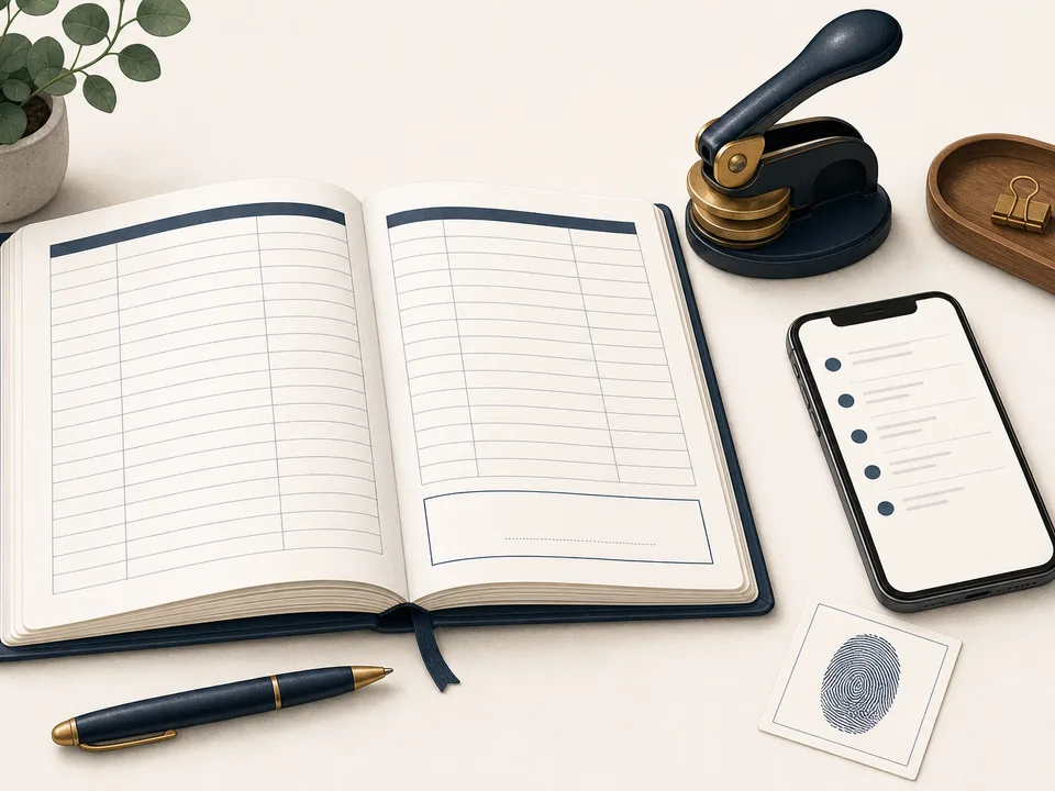 An open notary journal with a pen and stamp beside an iPhone showing a list of entries